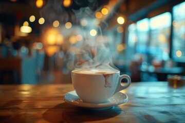 Obraz premium Steaming Cup of Coffee on Wooden Table in Cozy Cafe with Warm Ambient Lighting