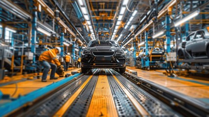 Fototapeta premium Modern Car Manufacturing Assembly Line with Workers and Robotic Equipment in a High-Tech Factory