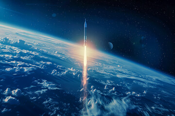 Rocket exiting the atmosphere into space from earth