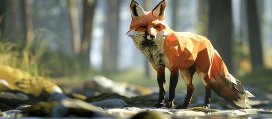 Fototapeta premium Low Poly Fox in a Forest Setting with Sunlight Filtering Through Trees