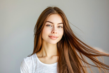 Naklejka premium Portrait of a beautiful young woman with long straight shiny healthy brown hairs