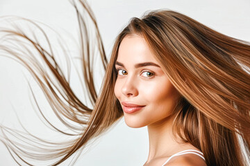 Fototapeta premium Portrait of a beautiful young woman with long straight shiny healthy brown hairs