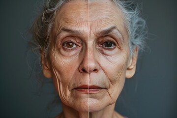 Aging Process: Split Portrait of Elderly Woman Showing Both Youthful and Aged Facial Features
