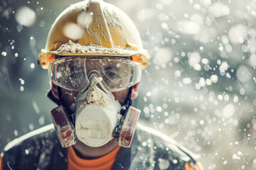 Professional construction worker wearing a high-grade dust mask, surrounded by lot of floating particles