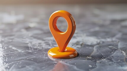 Bright orange 3D location marker, navigation pin icon, isolated on a light gray background, high detail and glossy, raw style
