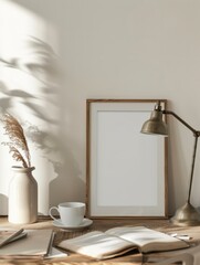 Empty wooden frame mockup on table with lamp and cup of coffee. Elegant feminine workspace. Scandinavian, nordic living room interior. 