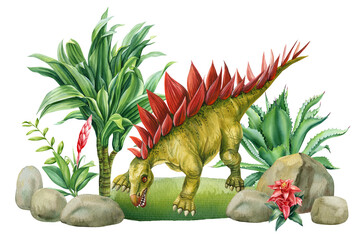 Dinosaur Watercolor illustration with prehistoric landscape, palm, plant. Hand drawn Detailed dino clipart. Stegosaurus  © Hanna