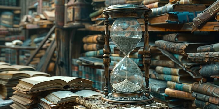 Antique Hourglass in a Vintage Old Library with Piles of Books
