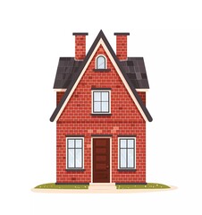 Flat vector illustration of an old brick house with a gable roof, simple shapes and lines, white background,