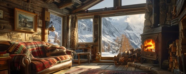 Cozy alpine cabin with a wood-burning stove.
