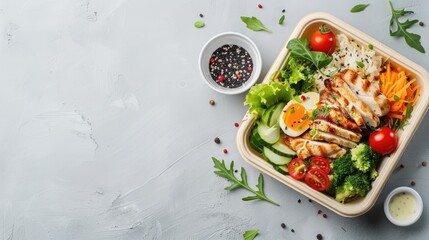 Tasty meal in lunch box on bright background with room for text