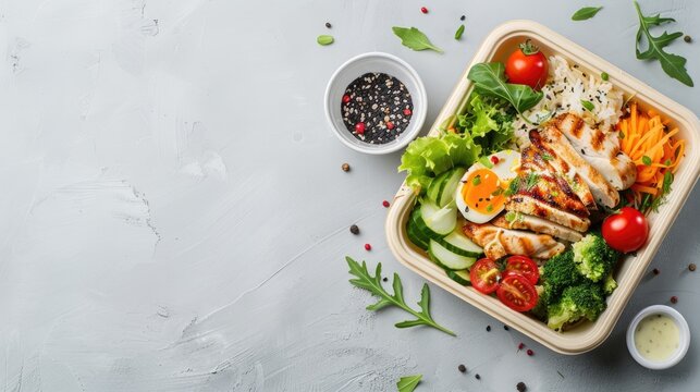 Tasty meal in lunch box on bright background with room for text