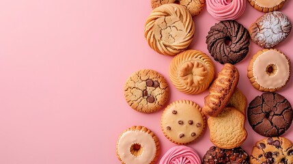 A variety of cookies in different shapes and flavors, arranged along the right side of a pink background.