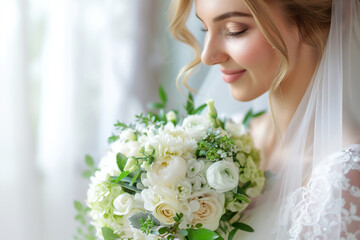 Naklejka premium ブーケに顔を寄せる花嫁