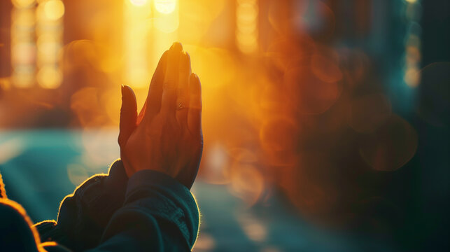 Closeup Hands Praying with Golden Light in Church Background