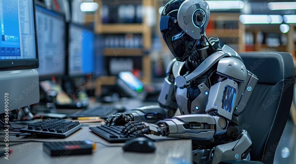 Poster a robot is sitting at a desk and typing on a keyboard. the robot is wearing a suit and has a blue fa