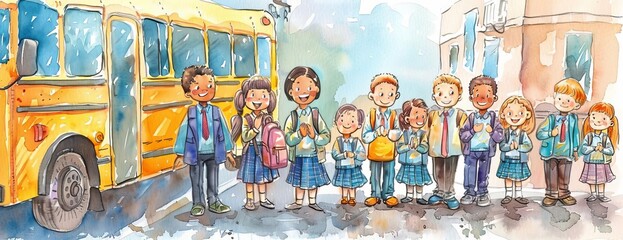 Frontal perspective of happy mixed-race pupils in neat school uniforms