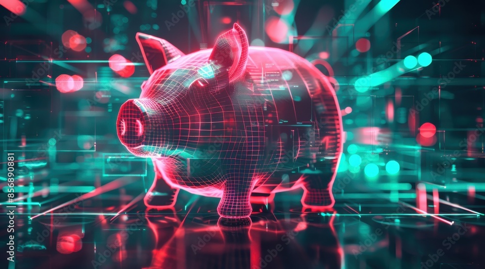 Poster a pig is shown in a digital image with a red and green background. the pig is surrounded by a lot of