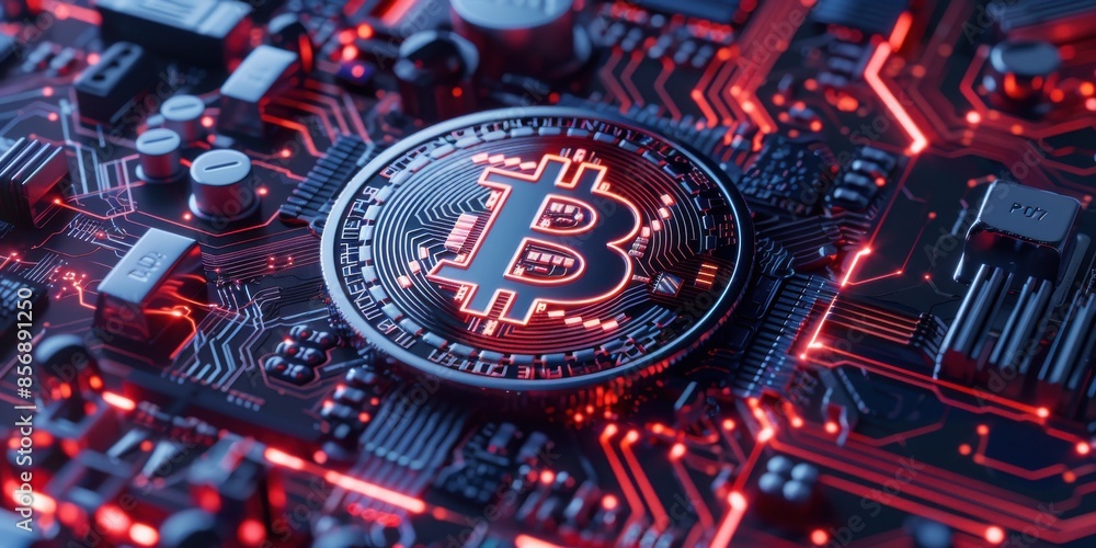 Poster a red and black computer chip with a large bitcoin logo on it