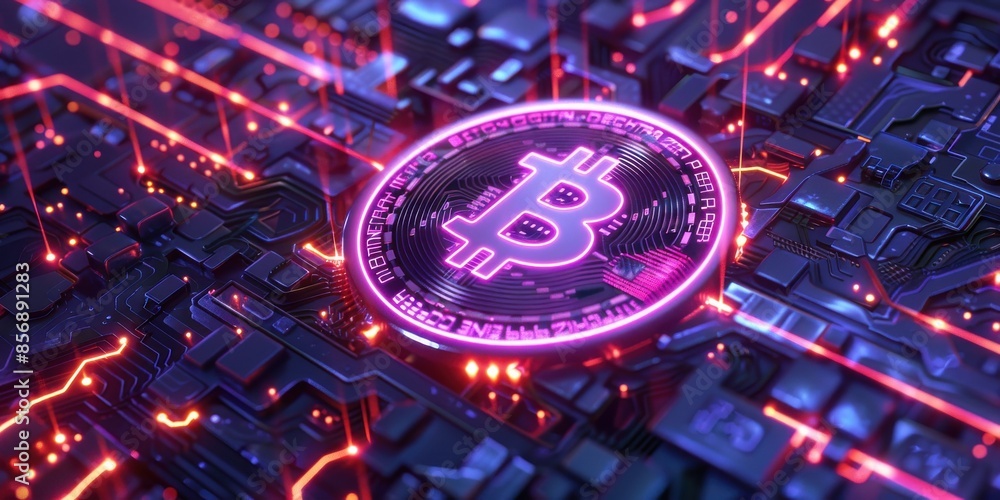 Poster a computer chip with a red and purple b on it