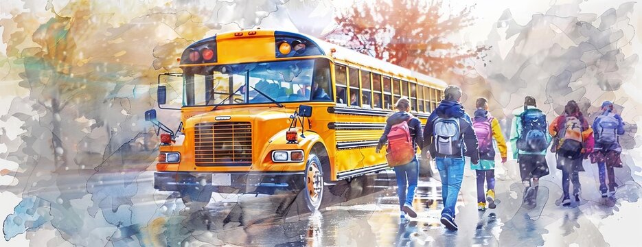 Frontal view, cheerful junior high school students holding backpacks, waiting in line, classic yellow school bus, view from the back, digital watercolor, crisp autumn morning, vivid colors