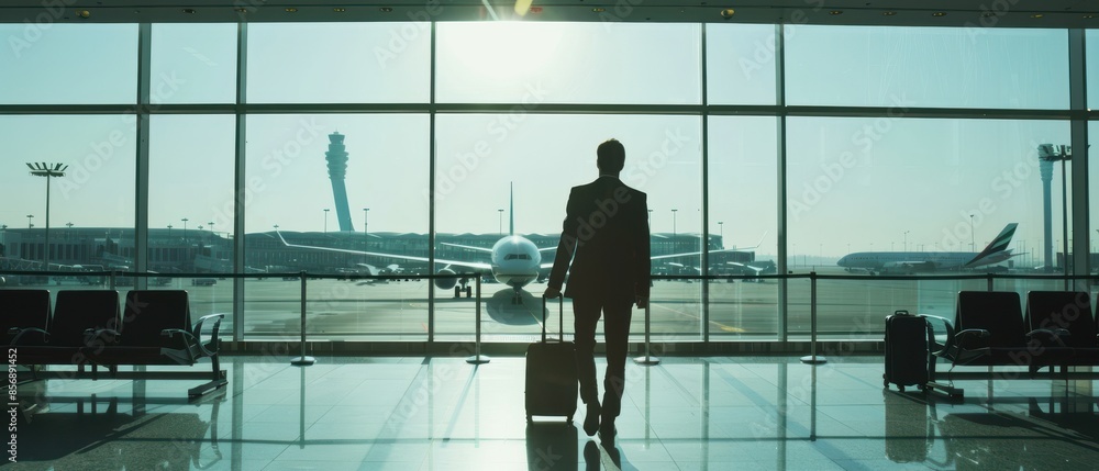 Poster a man is walking through an airport terminal with a suitcase and a briefcase. he is looking out the 