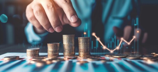 Obraz premium A man is putting coins on a table, with the coins stacked in a pyramid shape. Concept of wealth and prosperity, as the man is adding more coins to his pile