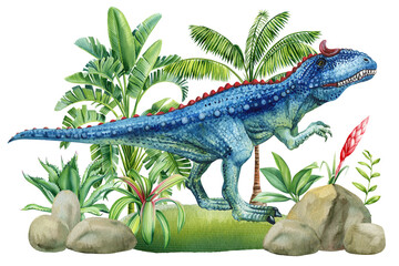 Dinosaur Watercolor illustration with prehistoric landscape, palm, plants. Allosaurus hand drawn detailed clipart
