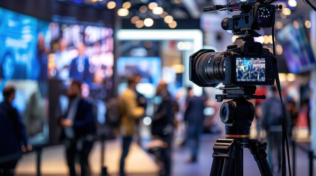 A camera is set up in a busy room with people walking around. The camera is recording the scene, capturing the hustle and bustle of the environment