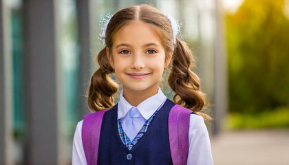 happy smiling girl schoolgirl close up on blurred background of school. return to school September, knowledge day, junior high school, class, schoolchildren, students autumn