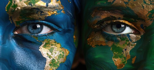 Two people with painted eyes and faces of the world. The eyes are blue and the faces are green and...