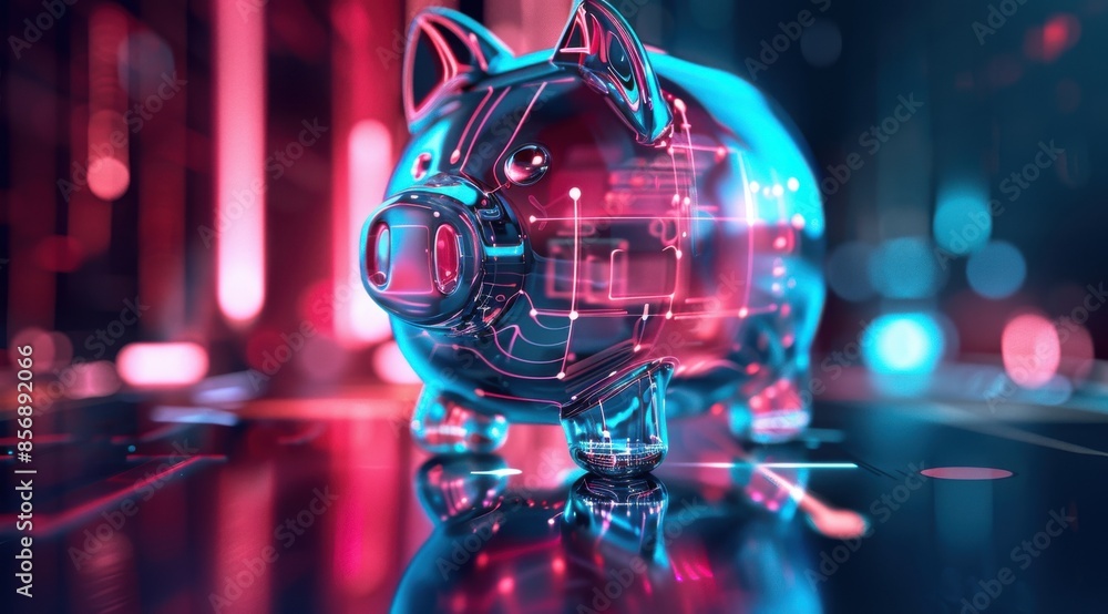 Poster a piggy bank with a digital design on it. the piggy bank is sitting on a table with a city backgroun
