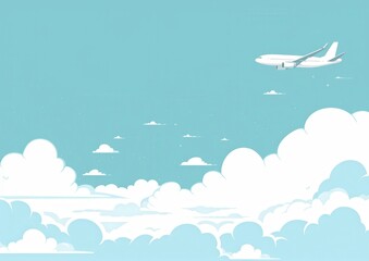 A white airplane is flying through a blue sky with fluffy white clouds. The sky is clear and bright, and the clouds are scattered throughout the sky. Concept of freedom and adventure