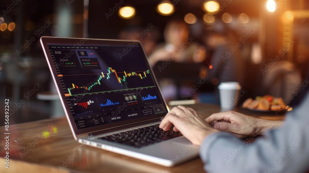 Poster a man is using a laptop to analyze stock market data. concept of focus and concentration as the man 