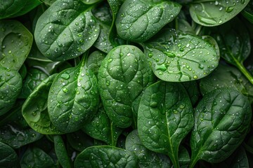 Obraz premium A detailed shot of a bunch of fresh spinach leaves, showing the texture and vibrant green color. 