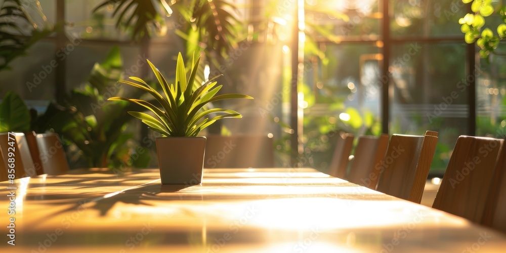Poster a table with a potted plant in the center and several chairs around it. the sunlight is shining on t