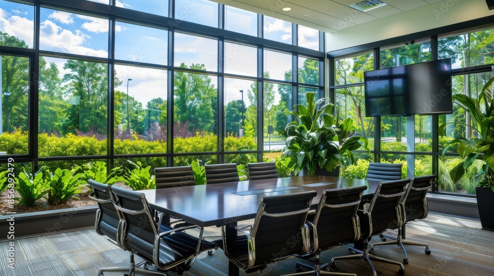 Poster a large conference room with a large table and many chairs. there are potted plants in the room and 