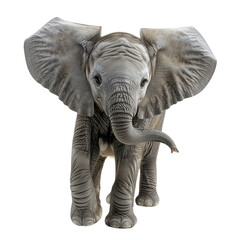 Fototapeta premium Close-up of a baby elephant with large ears and trunk, captured in a studio setting against a white background.