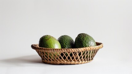 Three avocados positioned in a bamboo basket against a simple white backdrop