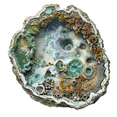 Close-up of a colorful geode slice showcasing stunning crystal formations and intricate mineral textures.