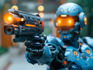 Futuristic blue android armed with a high-tech weapon, focused and ready for action in a sci-fi environment with glowing details.