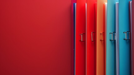 A row of colorful binders on a red background.