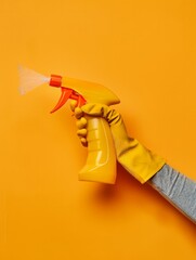 Obraz premium Female hand in glove holding cleaning spray over orange background. House cleaning service concept 