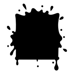 A black square with black paint splattered on white background