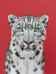 Snow Leopard Full, pure red background, close-up, big cat, photography
