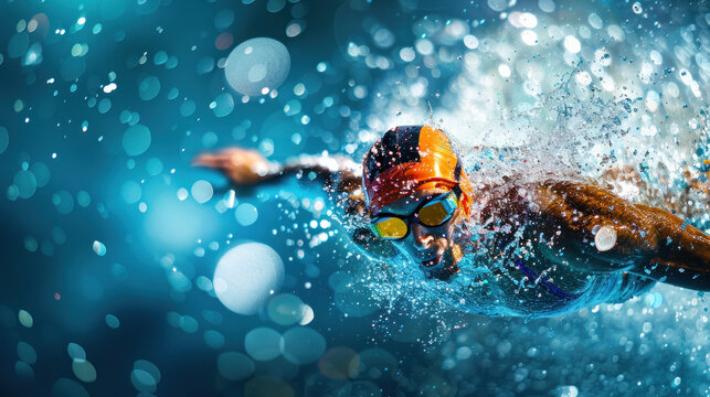 Triumphant Dive: Close-up of Olympic Swimmer in High-Speed Splash with Frozen Droplets, Intense Concentration, Copy Space Background