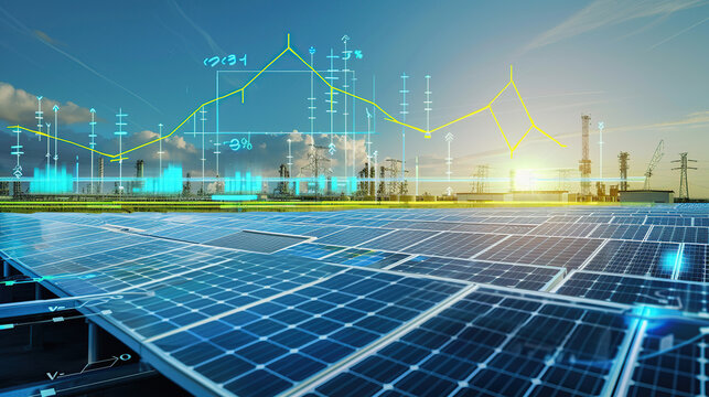 The digital computer display showed a grid of blue digital lines and green icons on it. In the background was an electric power station surrounded by solar panels