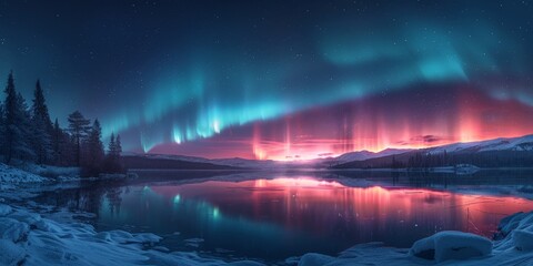 Obraz premium Aurora Borealis Reflecting in a Frozen Lake
