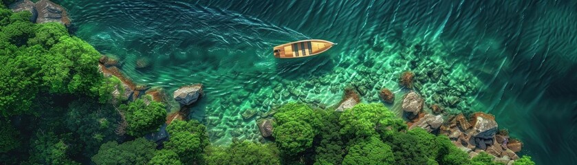 Aerial view of a small boat navigating through clear turquoise waters along a lush green coastline, surrounded by rocks and underwater coral formations.