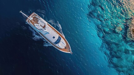 Fototapeta premium Aerial view of a luxury yacht cruising over clear blue water near a coral reef. The vessel's detail contrasts with the vibrant sea tones.